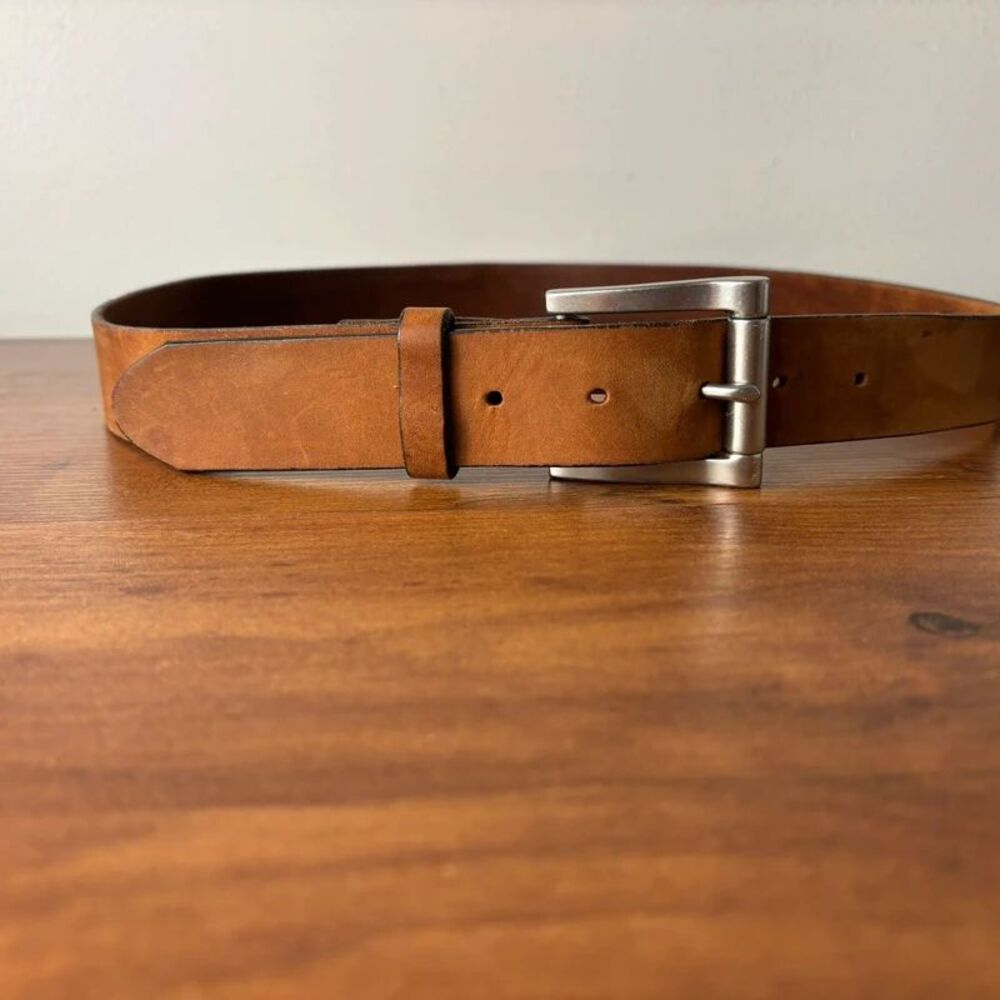 LL Bean Mens Full Grain Leather Belt Tan Brown Silver Buckle USA Made Size 36